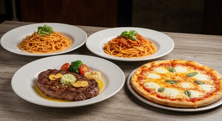 Delicious Dinner Variety Showing Steak, Pasta, and Pizza on a Table