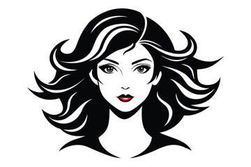 Beautiful woman's face with flowing black hair and red lipstick is featured prominently