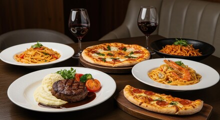 Assorted Dishes of Food on Table with Red Wine