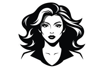 Elegant woman's face with wavy hair is shown in black and white vector