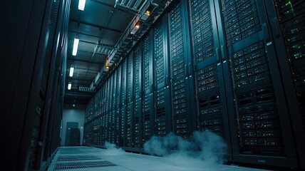 Modern data center server room with rows of glowing computer racks and cooling mist