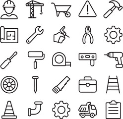 Fototapeta premium Collection of hand drawn construction and building tools icons representing various aspects of the building industry and diy projects
