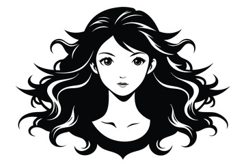 Beautiful Asian woman with flowing black hair stares forward in this stylized vector
