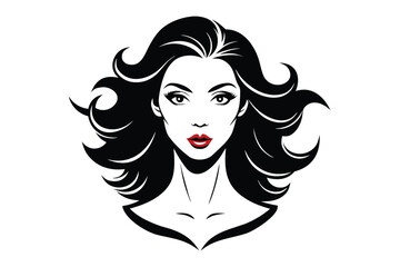 Beautiful woman with wavy black hair and red lips gazes forward in form