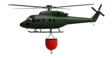 Green firefighting helicopter with a large belly water bucket and retractable hook