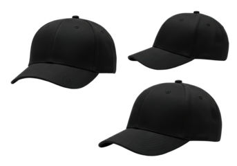 Three distinct black unbranded baseball caps, matte fabric texture, fine brim stitching, displayed at varied angles, isolated studio shot on transparent background with copy space, soft lighting,