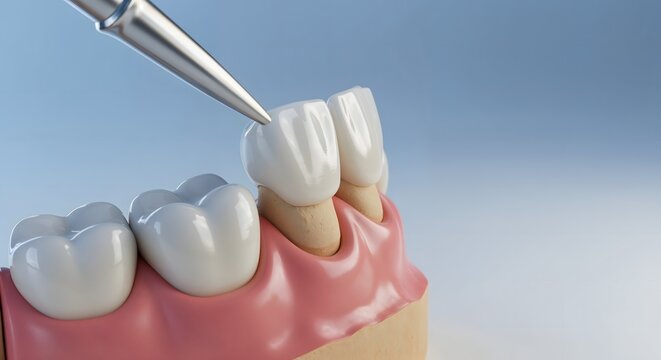 Photorealistic 3D render of zirconium dental crown placement on prepared tooth stump, showing realistic anatomy, textures, and precise fit under soft studio lighting.