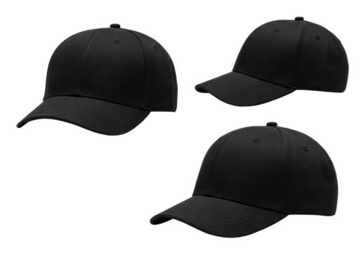 Three distinct black unbranded baseball caps, matte fabric texture, fine brim stitching, displayed at varied angles, isolated studio shot on transparent background with copy space, soft lighting,