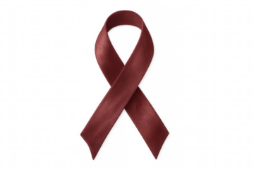 Symbolic burgundy ribbon representing support for multiple myeloma and related health causes, isolated on a transparent background