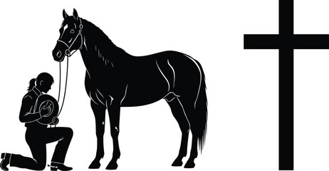 Silhouette of cowboy kneeling in prayer beside horse, holding hat, cross symbol, faith, respect, rural lifestyle, western culture, devotion