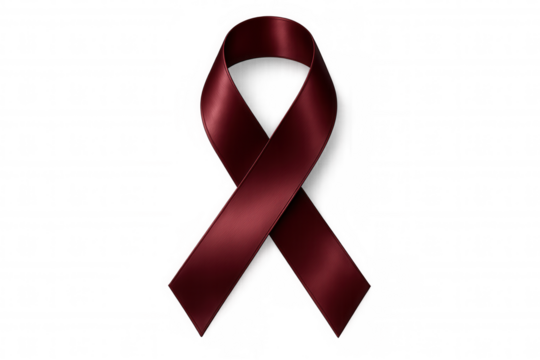 Burgundy support ribbon symbolizing multiple myeloma awareness, displayed against transparent background