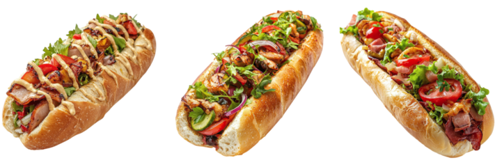 A set of delicious baguettes with various fillings isolated on a transparent background PNG