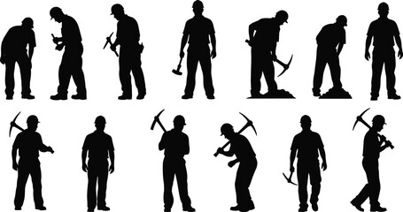 Silhouette of construction workers with pickaxe, working on site, mining, digging, labor force, industrial job, safety helmet, manual labor, teamwork