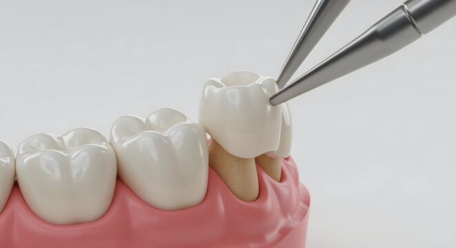 Photorealistic 3D render of zirconium dental crown placement on prepared tooth stump, showing realistic anatomy, textures, and precise fit under soft studio lighting.