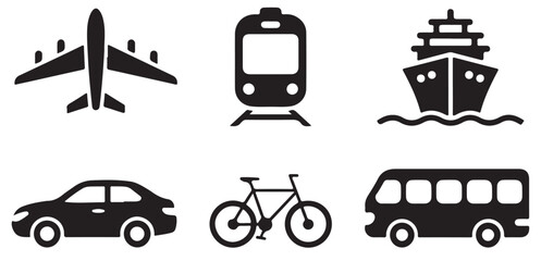 A collection of transportation icons including airplane train ship car bicycle and bus in black and white