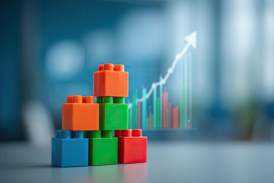 Colorful plastic building blocks arranged in a tiered structure, overlaid with a graph showing upward growth trend
