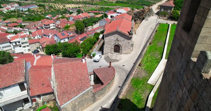 Aerial View of Miseric&oacute;rdia Church and castle of Penamacor, Guarda district, Portugal