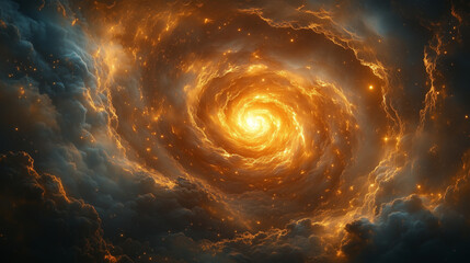 A mesmerizing golden spiral galaxy of stars and cosmic dust, a powerful concept of universal energy and creation, perfect for fantasy or science themes