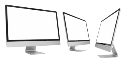 Three modern all-in-one desktop computers, minimalist design, brushed silver stands, matte black frames, and large blank white screens, isolated on a transparent studio background, digital technology