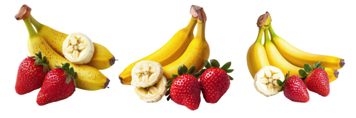 Set of tasty ripe bananas and strawberries isolated on a transparent background PNG