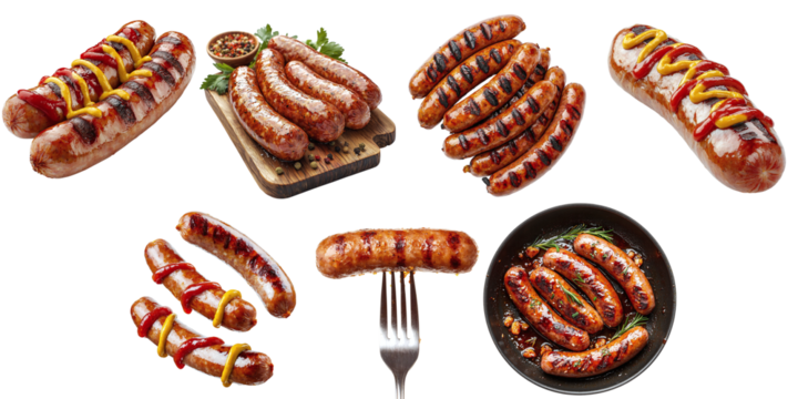 Set of tasty Bavarian fried sausages isolated on a transparent background PNG