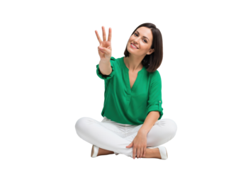 Smiling woman sitting and showing the number three isolated on a transparent background

