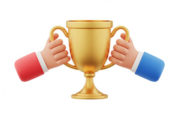 Two hands competing to hold a golden victory trophy