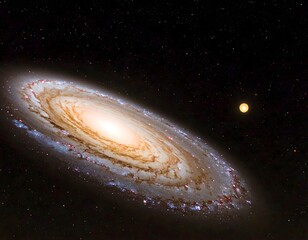 Conceptual illustration of a majestic spiral galaxy with a bright galactic core and a nearby star shining in the vast darkness of deep space.