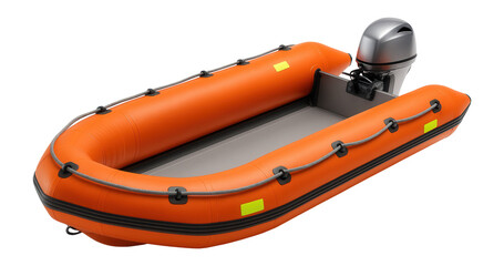 Orange inflatable lifeboat with rigid floor and mounted outboard motor