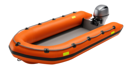 Orange inflatable lifeboat with rigid floor and mounted outboard motor