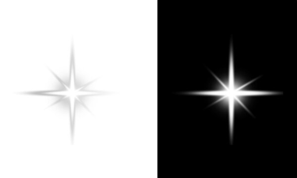 Bright white star flare with a luminous center, an isolated graphic light effect on a split  PNG background.