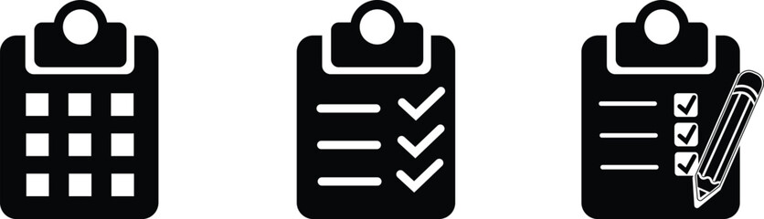 Set of black clipboard icons with various checklist and planning representations, including grid, checkmarks, and a pencil, isolated on transparent background © CoolVectors