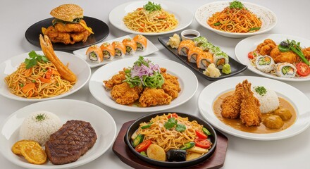 Assorted Food Dishes Variety on White Tabletop