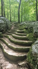 Stone steps wind through a lush, green forest
