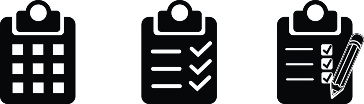 Set of black clipboard icons with various checklist and planning representations, including grid, checkmarks, and a pencil, isolated on transparent background