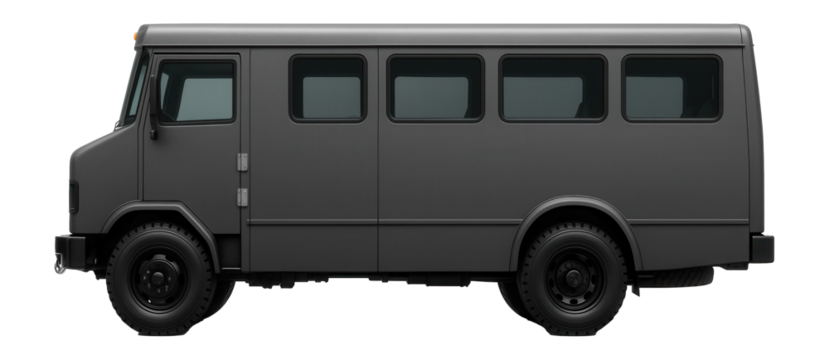Armored convoy bus with heavy-duty door hinges and front tow hooks