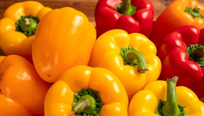 Vibrant, glossy bell peppers in red and yellow hues, closely clustered together