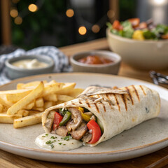 Grilled Chicken Tortilla Wrap Served with French Fries and Dipping Sauces