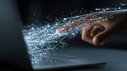 Data stream flowing from finger touching laptop, digital transformation