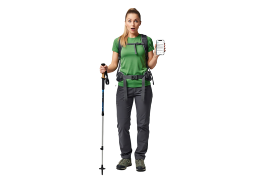 Surprised hiker looking at her smartphone isolated on a transparent background

