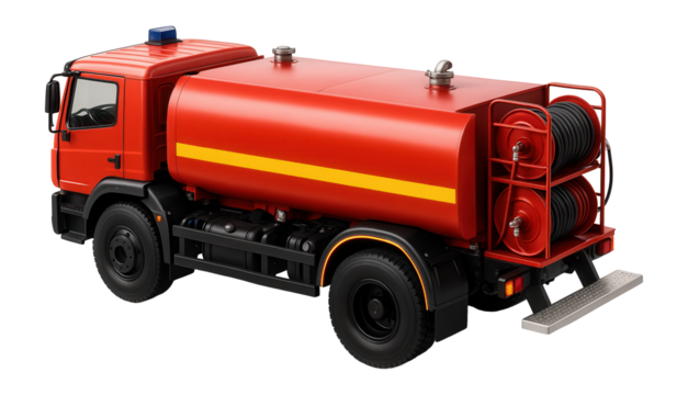 Firefighting truck featuring a bright yellow stripe along its length and a rear step platform