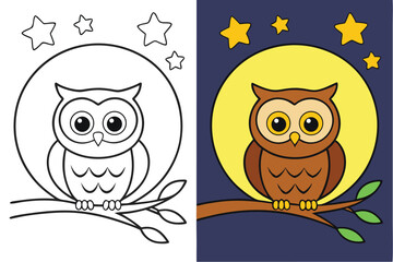 Cartoon owl sitting on a branch under a yellow moon and stars