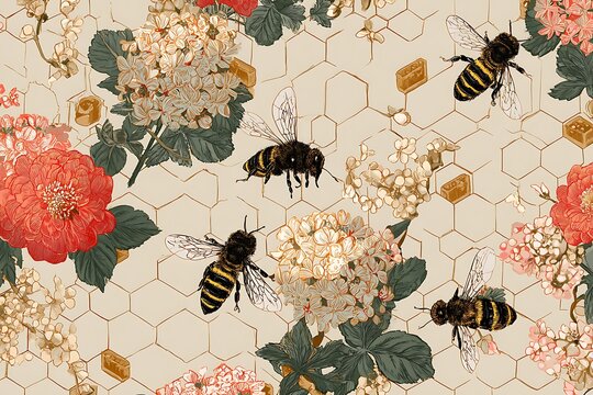 Vintage floral pattern with bees and honeycomb detail