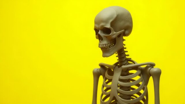 A plastic skeleton sitting on a table, possibly used as decoration or prop