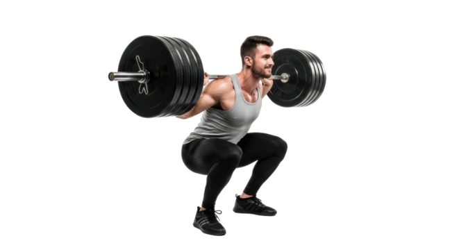 Young, muscular caucasian man in grey tank top and black leggings performing deep barbell back squat with extreme focus, transparent studio background, copy space, slightly high angle, concept of - Powered by Adobe