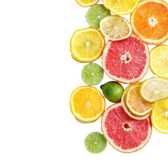 Fototapeta premium Colorful citrus fruit slices on black background, food photography, healthy eating