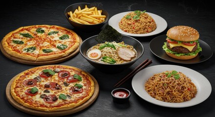 Assorted Cuisine Variety Pizza Burger Noodles Ramen and Fries on Dark Background