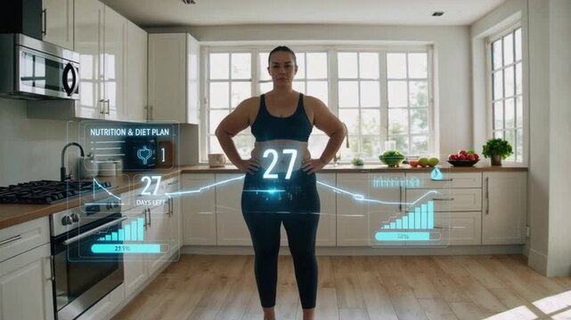 Woman in sportswear with futuristic nutrition and fitness data overlay, representing weight loss, health tracking, and body transformation