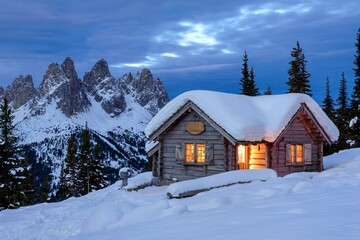 Fototapeta premium Cozy Mountain Cabin in Snowy Landscape at Dusk with Warm Lights
