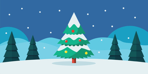 snowy forest clearing with decorated christmas tre